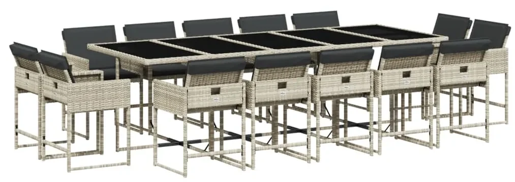 Set da pranzo da giardino 15 pz con cuscini grigio polyrattan