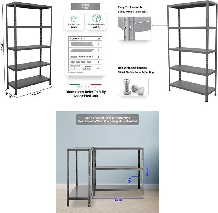 Scaffale in Metallo 5 Ripiani 100x40x187 cm Ettore Antracite...