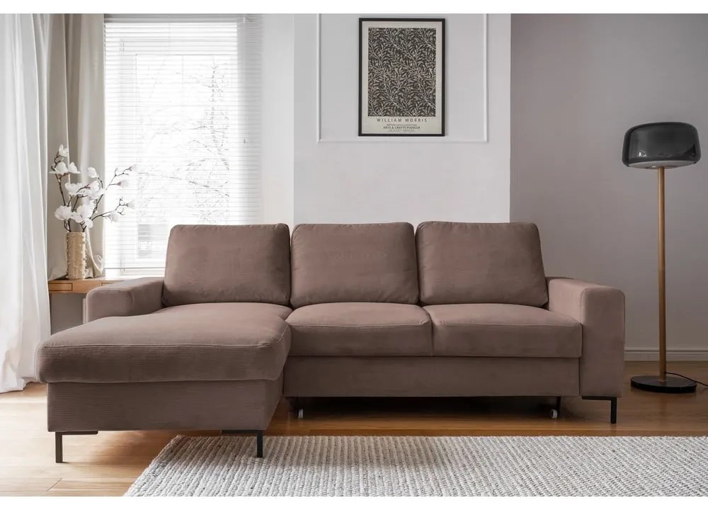 Divano letto in velluto a coste marrone (angolo sinistro) Lofty Lilly - Miuform