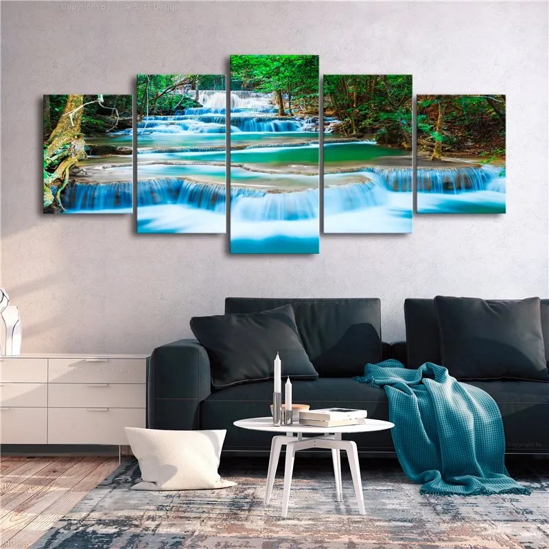 Quadro Waterfall in Kanchanaburi (5 Parts) Wide  Colore Bianco, Dimensioni e Misure 225x100