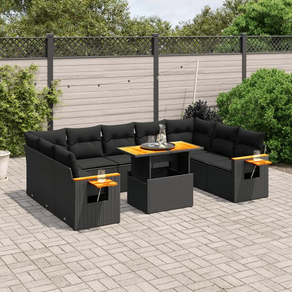 Set divani da giardino 11 pz con cuscini in polyrattan nero