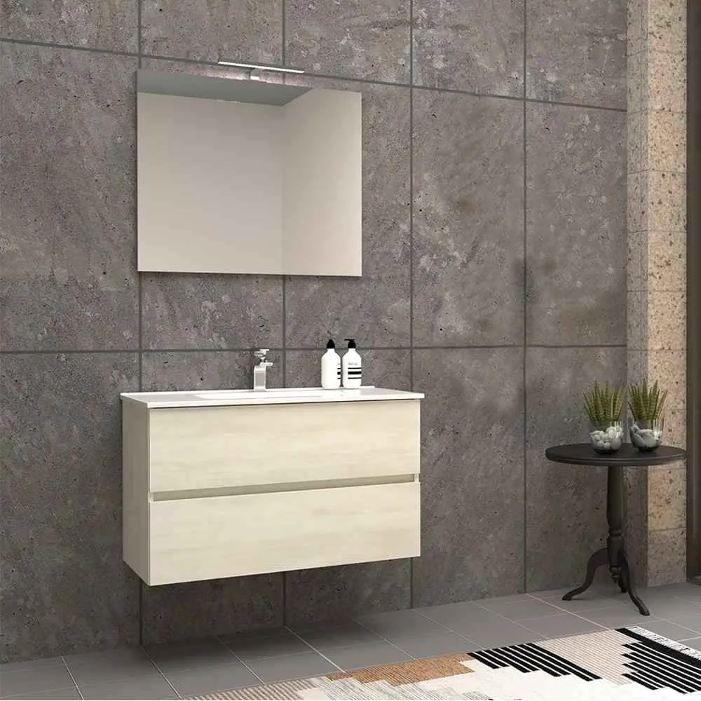 Mobile da bagno due cassetti sospeso bianco larice con specchio Roxy