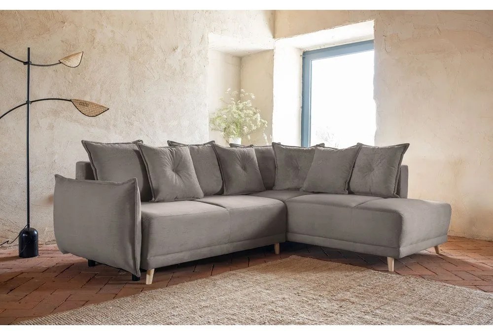 Divano letto in velluto a coste marrone chiaro (angolo destro) Lazy Lukka - Miuform