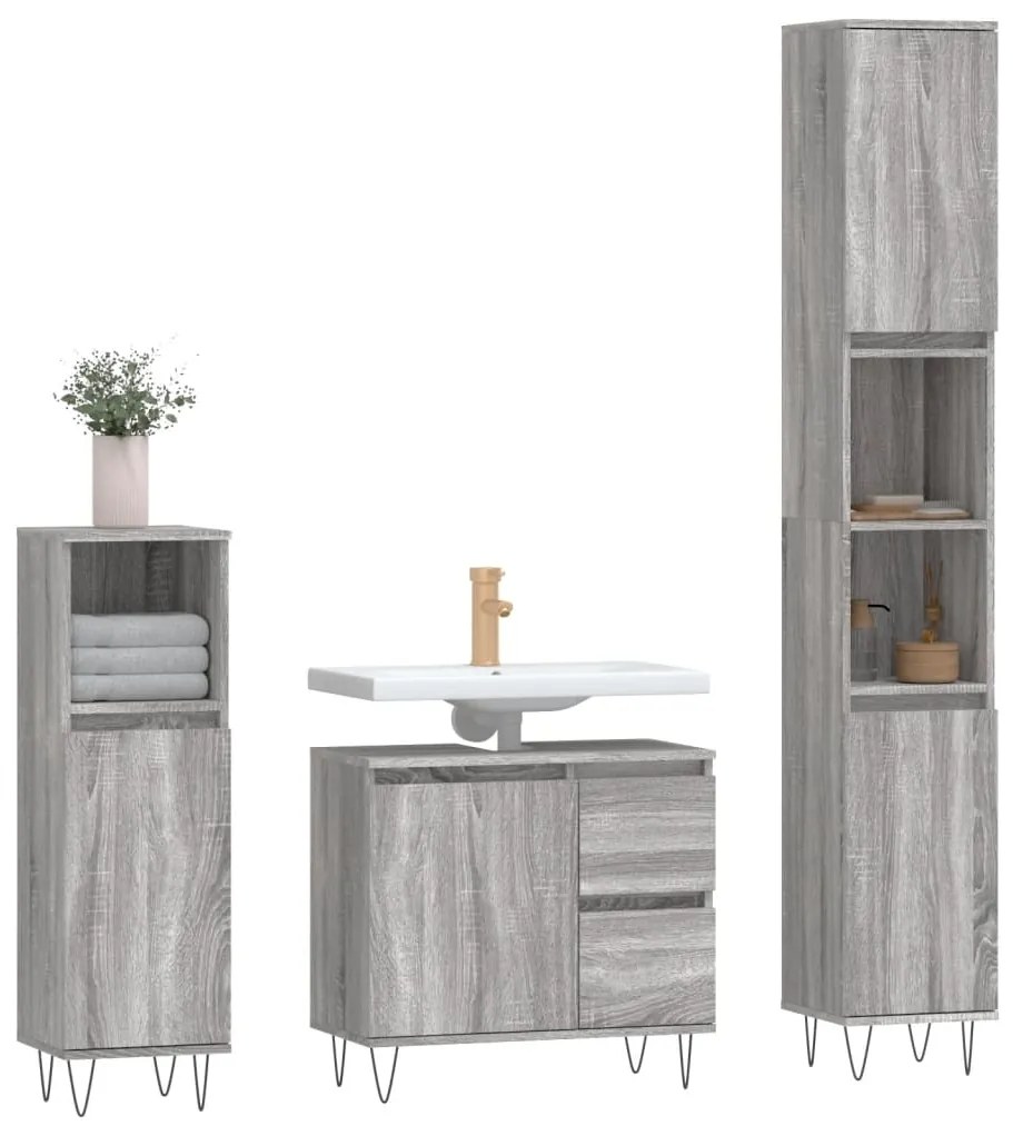 Set mobili da bagno 3 pz grigio sonoma in legno multistrato