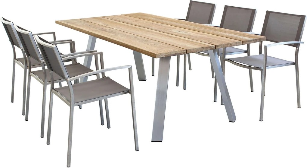 SALTUS - set tavolo in alluminio e teak cm 200 x 100 x 74 h con 6 poltrone Florentia