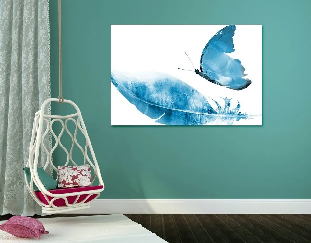 Stampa su tela – Piuma con farfalla in blu