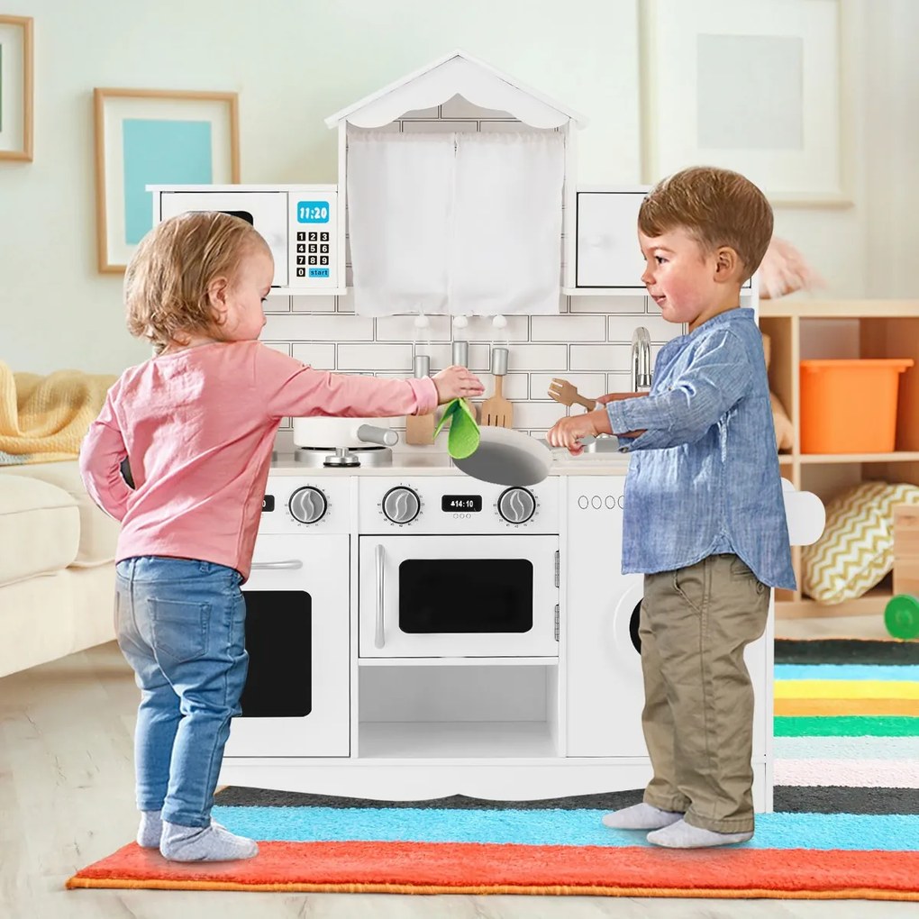 Costway Cucina giocattolo per bambini in legno con lavatrice piano cottura, Set giochi cucina realistica Bianco