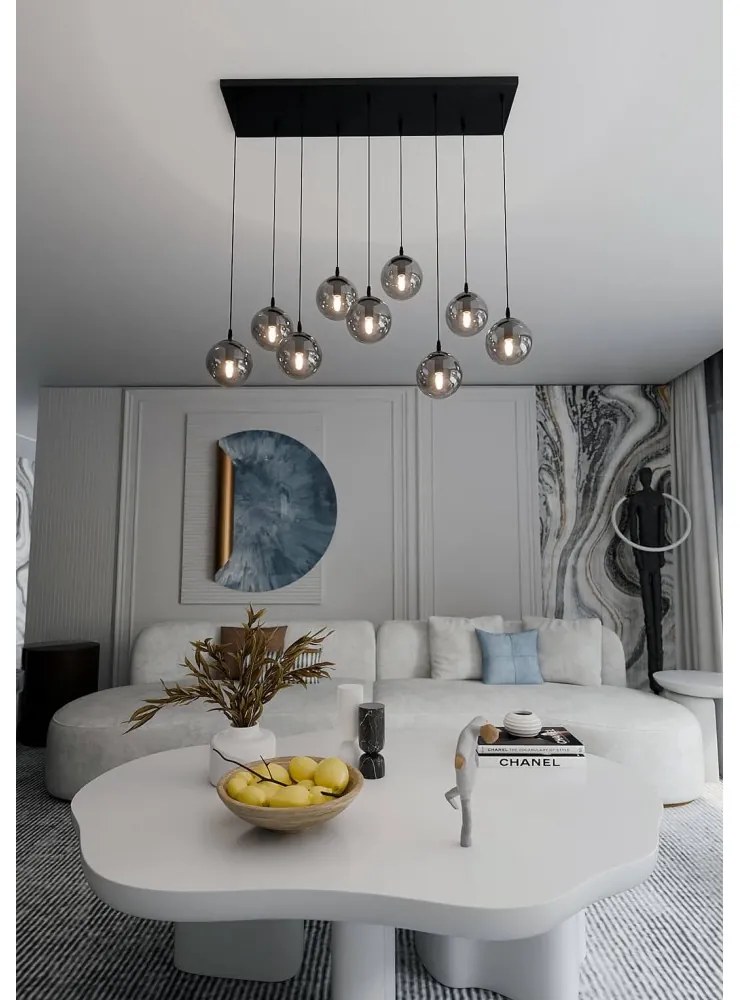 Lampadario a Sospensione in Acciaio e Vetro COSMO 9 Nero 9xE14 Colore delle Sfere Grafite