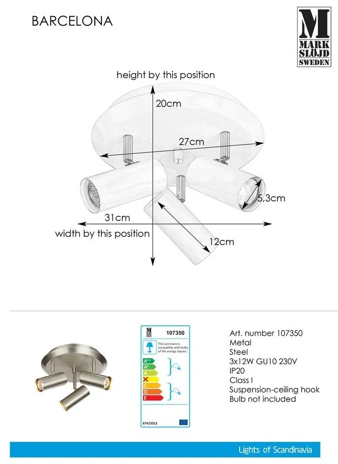 Lampada da parete in argento Barcelona Tres - Markslöjd