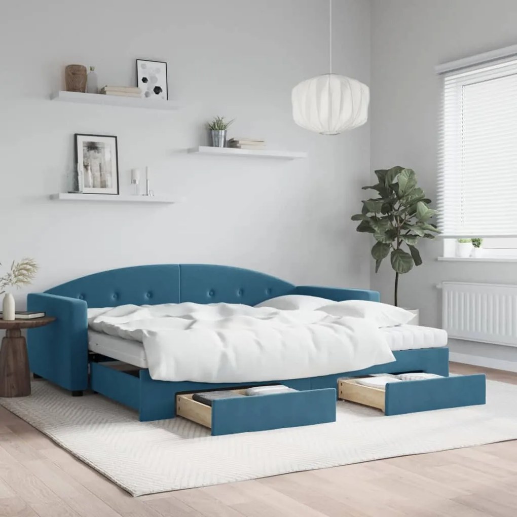 Divano letto estraibile con cassetti blu 90x200 cm in velluto