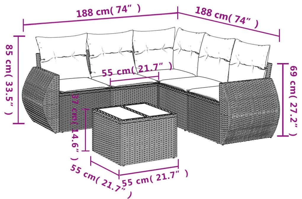 Set divano da giardino 6 pz con cuscini nero in polyrattan