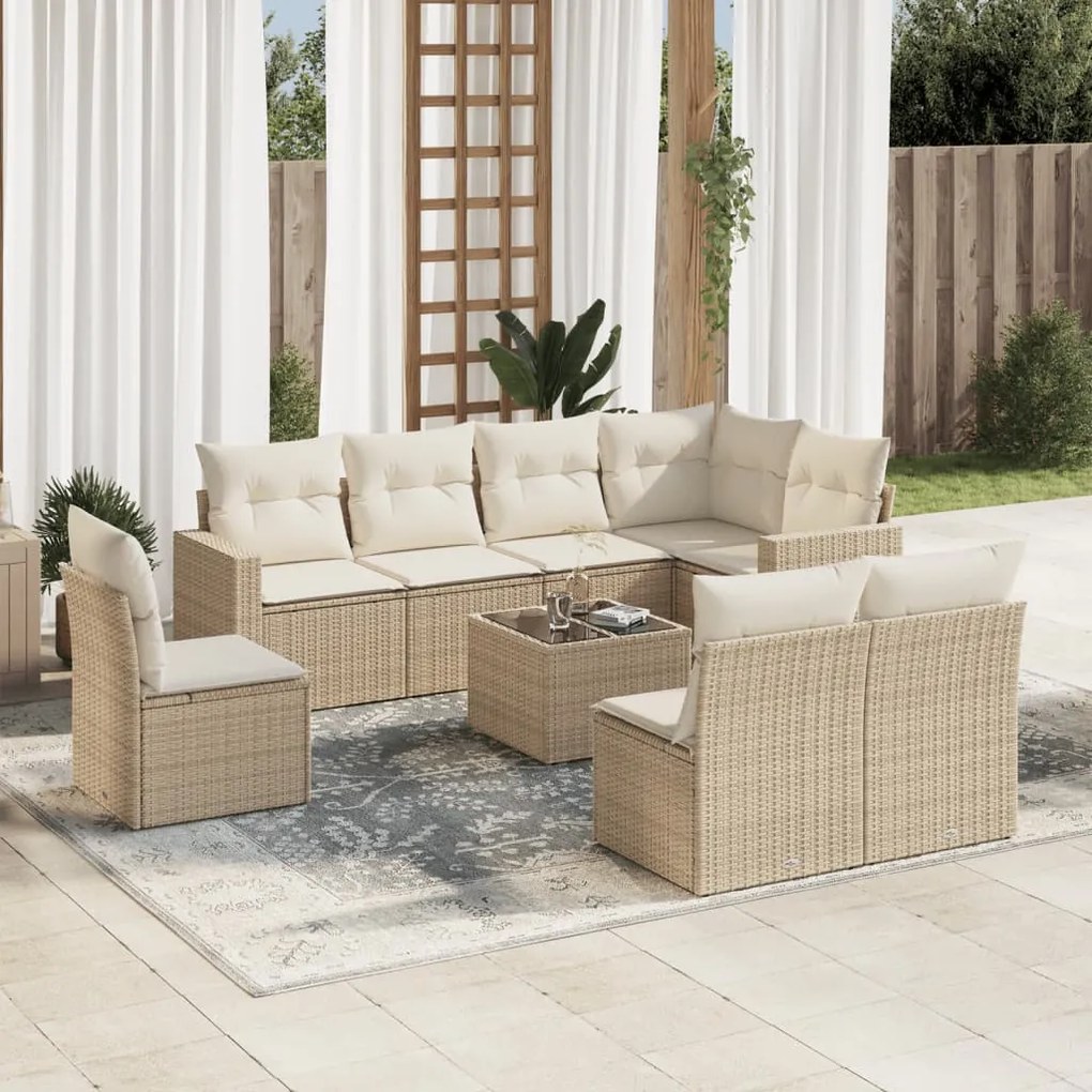 Set divano da giardino 9 pz con cuscini beige in polyrattan