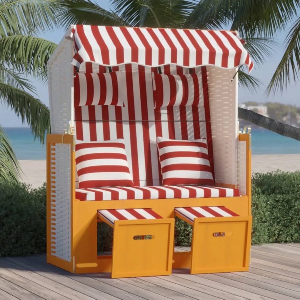 Strandkorb Con Cuscini Polyrattan E Legno Massello Rosso Bianco /