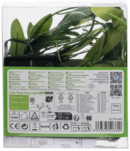 Aigostar - Catena LED solare 50xLED/7m IP65 bianco caldo oliva