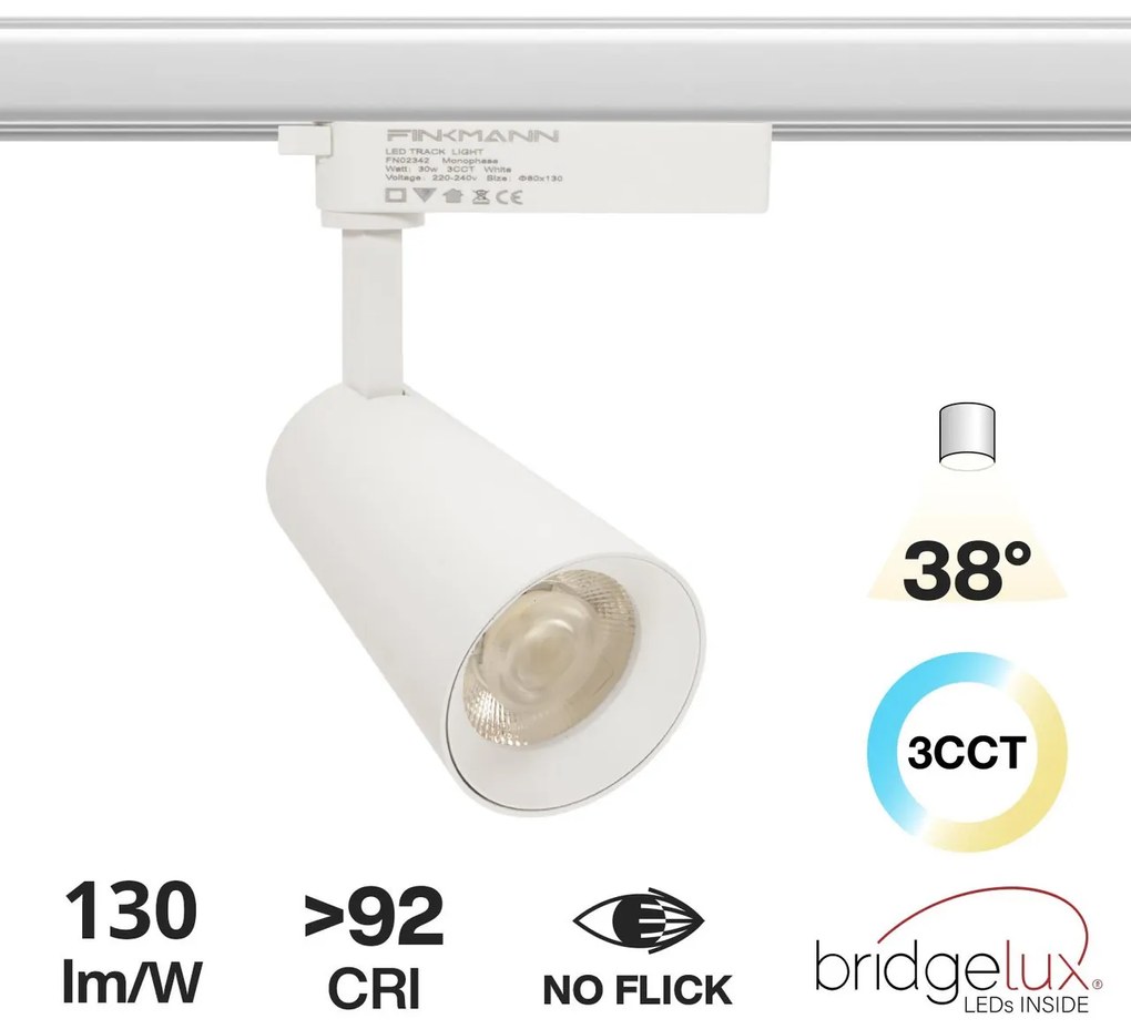 Faro LED 30W Monofase 38° Bianco Variabile CCT CRI92 - Bridgelux LED Colore Bianco Variabile CCT