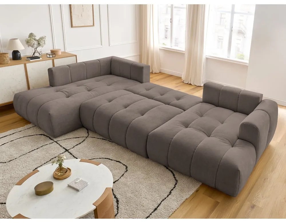 Divano angolare grigio tortora allungabile e con contenitore (penisola a sinistra/a U) con rivestimento in ciniglia Fuji – Bobochic Paris