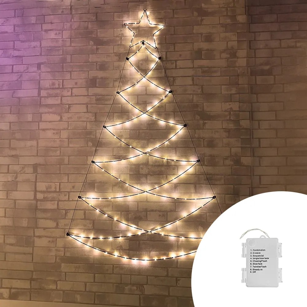 Albero di Natale luminoso da parete 150 Led luce decorativa 122cm Bianco Caldo a batteria Wisdom