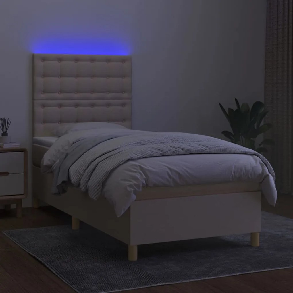 Letto a molle con materasso e led crema 90x200 cm in tessuto