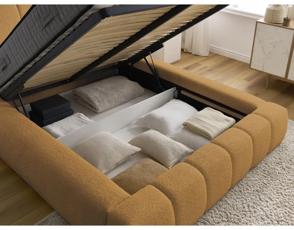 Letto matrimoniale imbottito color senape contenitore e rete inclusi 160x200 cm Denali - Bobochic Paris