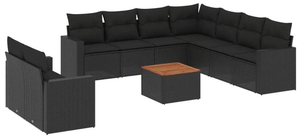 Set divani da giardino 10pz con cuscini in polyrattan nero