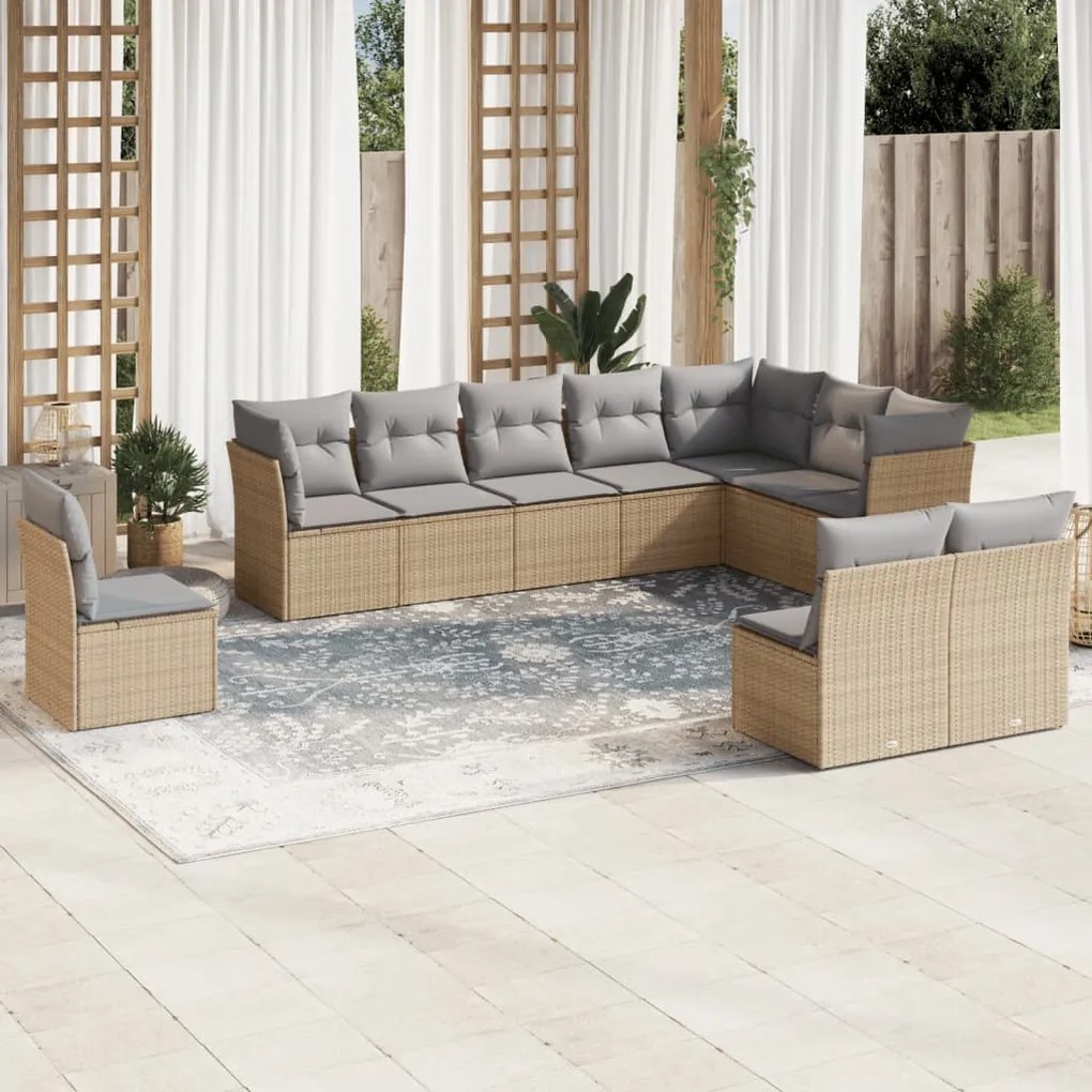 Set Divano da Giardino 10 pz con Cuscini Beige in Polyrattan