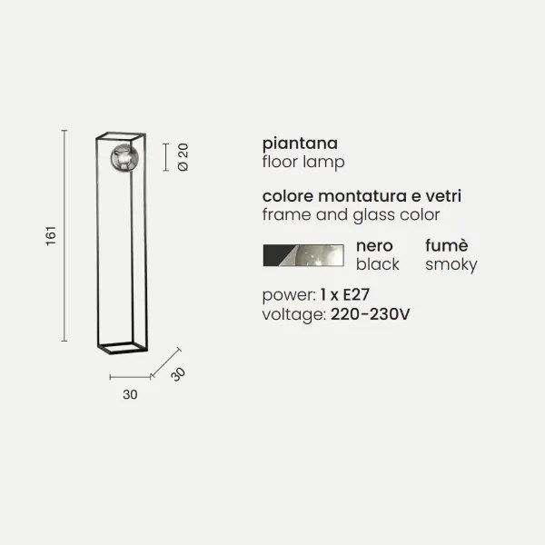 Piantana GINGER con struttura in metallo e diffusore in vetro NERO