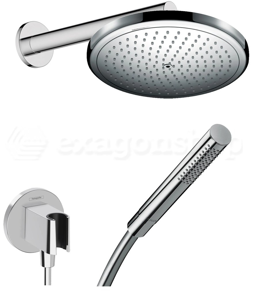 Kit Doccia con soffione tondo 28 cm braccio supporto con doccetta stick e flessibile 160 cm cromo Hansgrohe