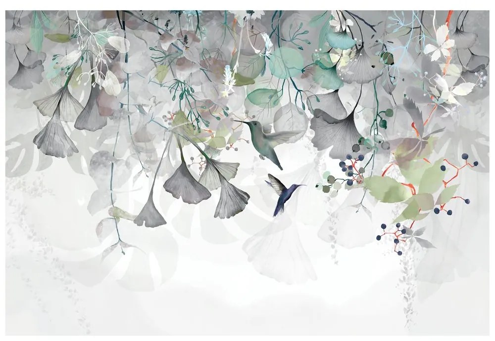 Carta da parati autoadesiva – Foglie con colibrì in grigio-verde