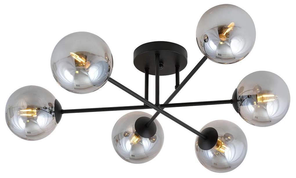 Plafoniera Moderna Morrigan 6 Luci In Acciao Nero E Sfere In Vetro Fumè
