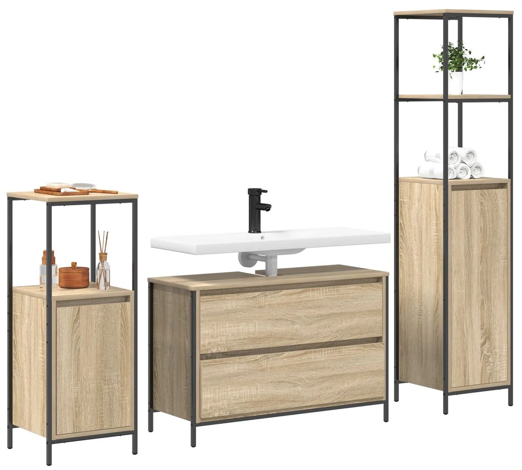 Set di mobili da bagno 3 pezzi in legno ingegnerizzato rovere di