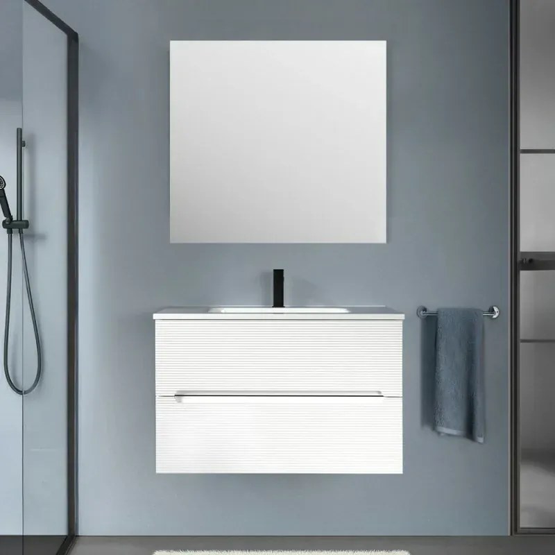 Mobile bagno sospeso 80 bianco cannettato 2 cassetti lavabo e specchio Rigo