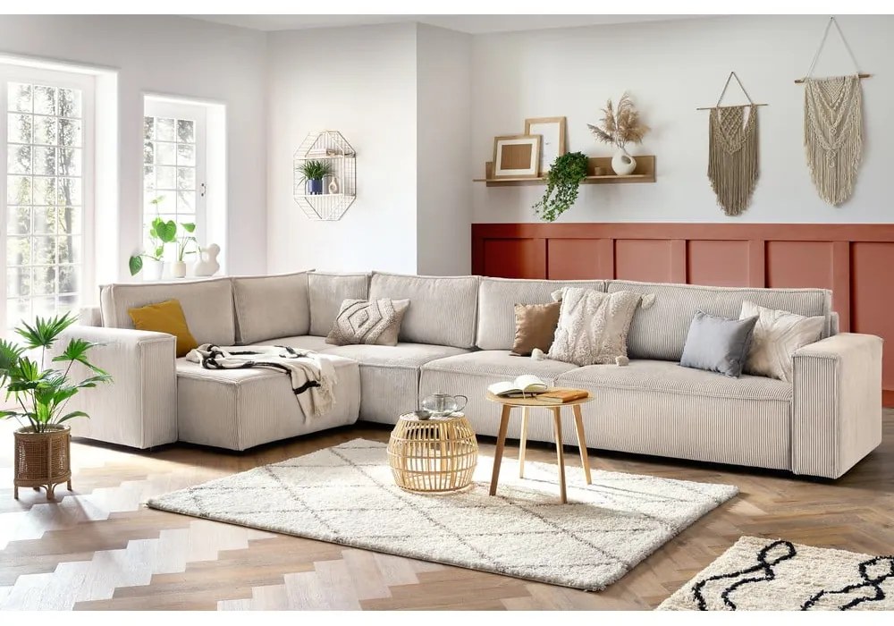 Divano angolare in velluto a coste color crema, angolo sinistro Nihad modular - Bobochic Paris