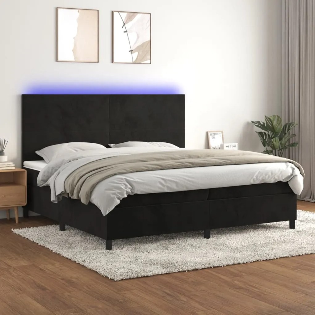 Letto A Molle Con Materasso E Led Nero 200x200 Cm İn Velluto /