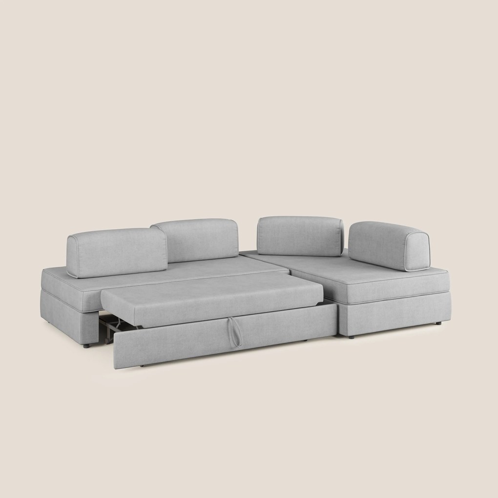 Liberty divano angolare con pouf estraibile e schienali movibili in tessuto morbido impermeabile T02 grigio chiaro