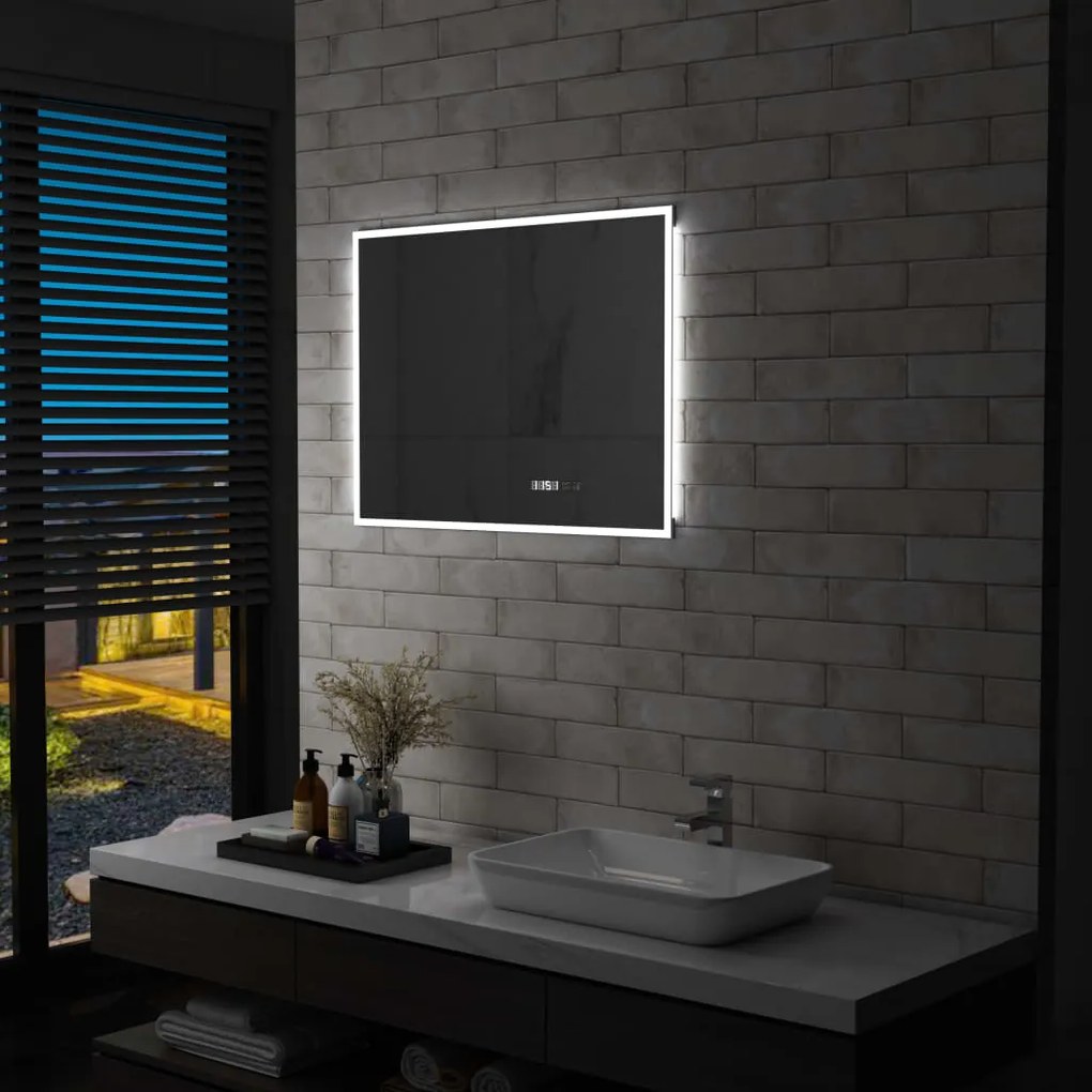 Specchio Led Bagno Con Sensore Tattile E Schermo Orario 80x60cm /