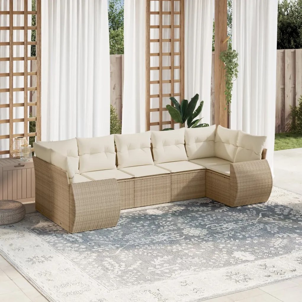 Set Divani da Giardino 7 pz con Cuscini Beige in Polyrattan