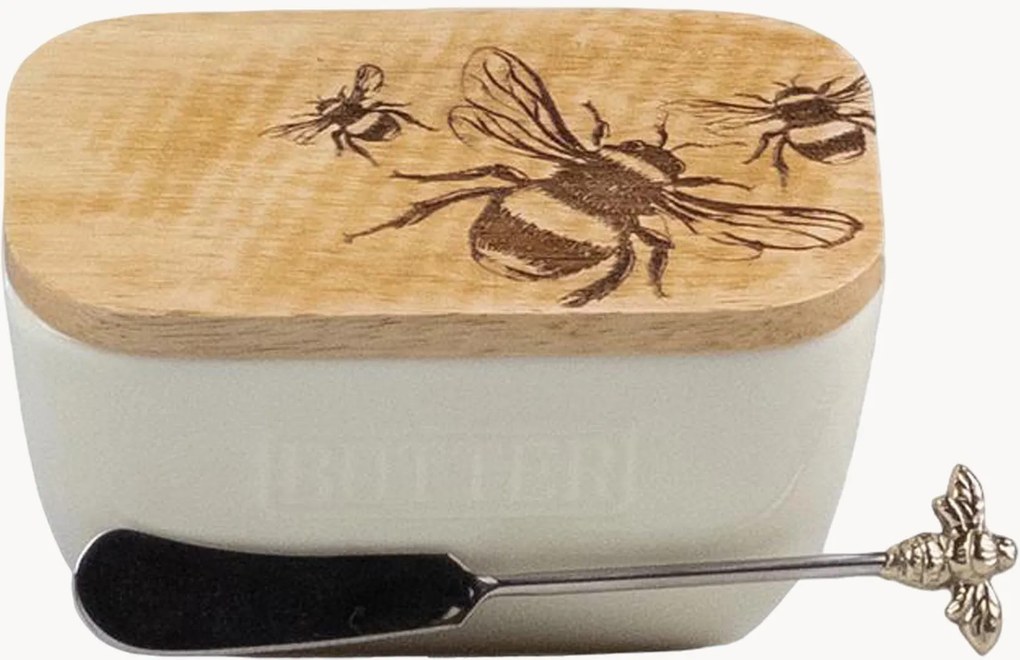 Set burriera in ceramica con coltello e coperchio in legno di quercia Bee 2 pz