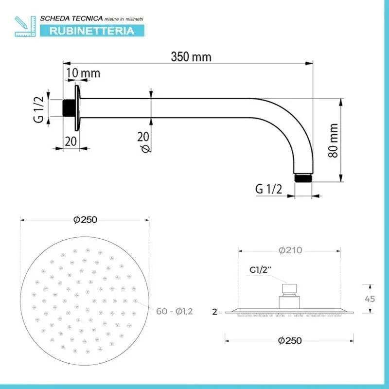 Kit doccia incasso cromato completo di soffione 25 cm inox e kit doccetta Recta