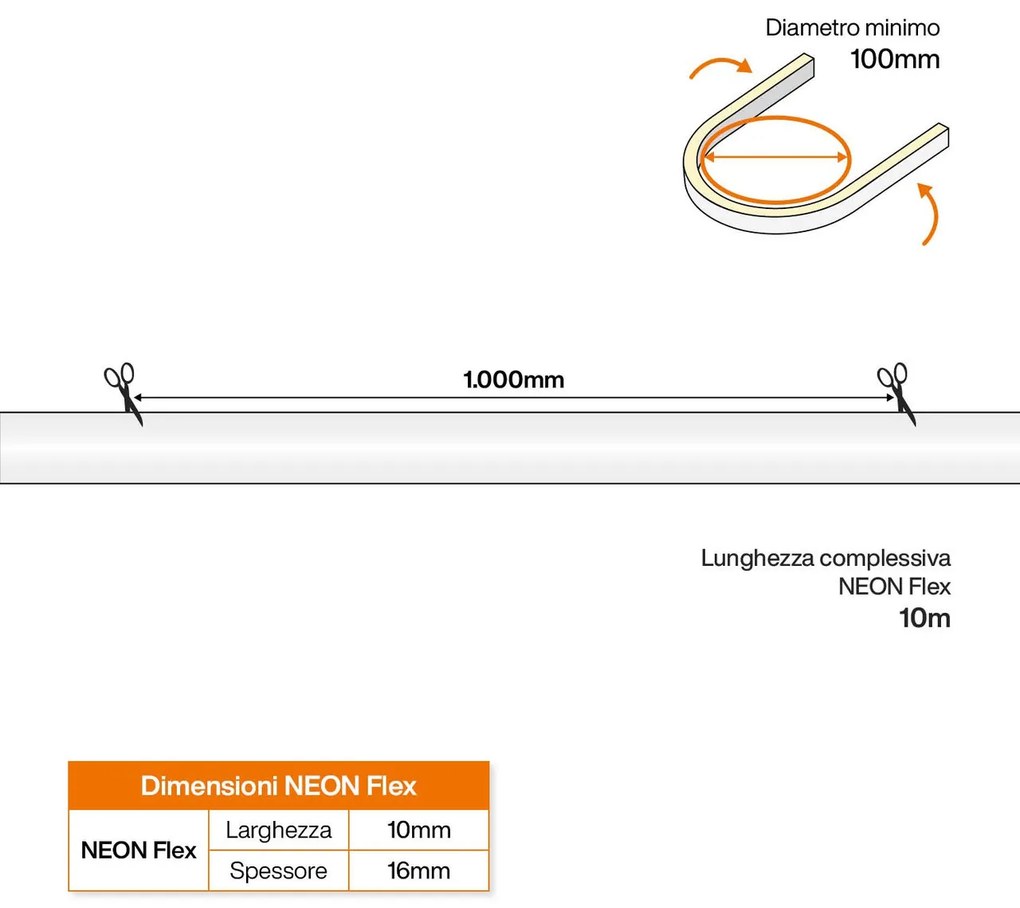 Neon Flex LED Serie 220V 9W/m IP67 10m Flessibile Colore Bianco Freddo 6.000K