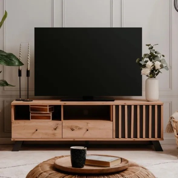 Mobile Porta TV 2 Cassetti E Anta Con Vani A Giorno Rovere Antracite Medan56A