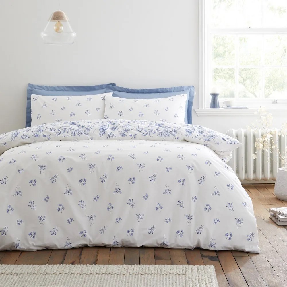 Set copripiumino e federa blu in percalle di cotone per letto matrimoniale 3 pezzi 200x200 cm Thea Floral – Bianca