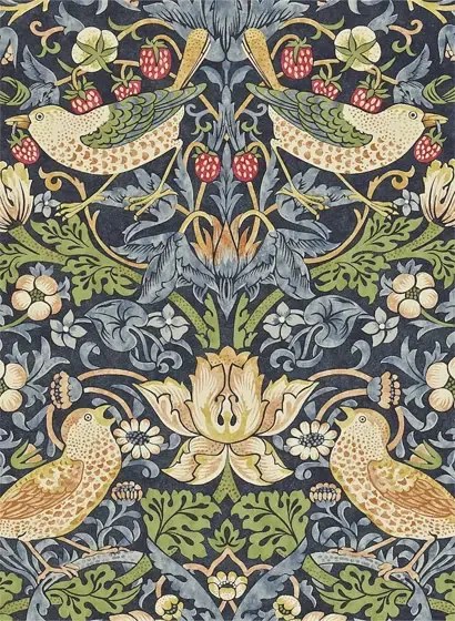 Morris & Co Carta da parati Strawberry Thief - Indigo/ Mineral