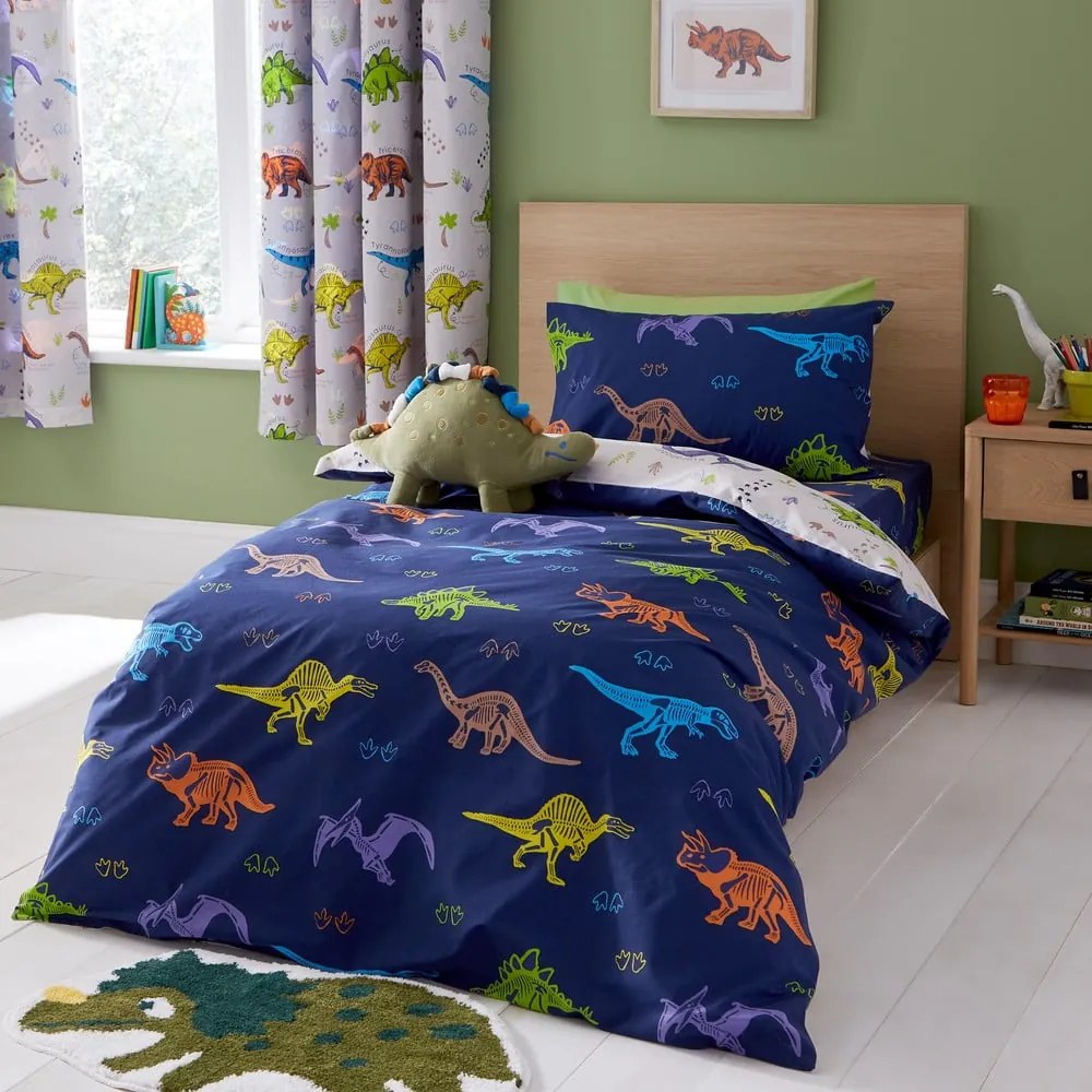 Set copripiumino e federa da bambini blu e beige per letto matrimoniale 200x200 cm Prehistoric Dinosaurs – Catherine Lansfield
