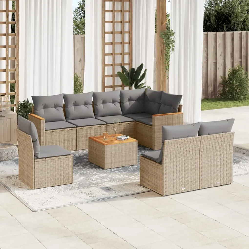 Set divano da giardino 9 pz con cuscini beige in polyrattan