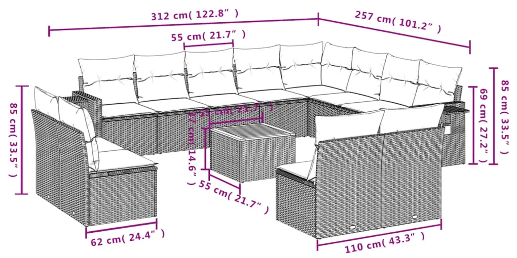 Set divani da giardino 13 pz con cuscini grigio in polyrattan