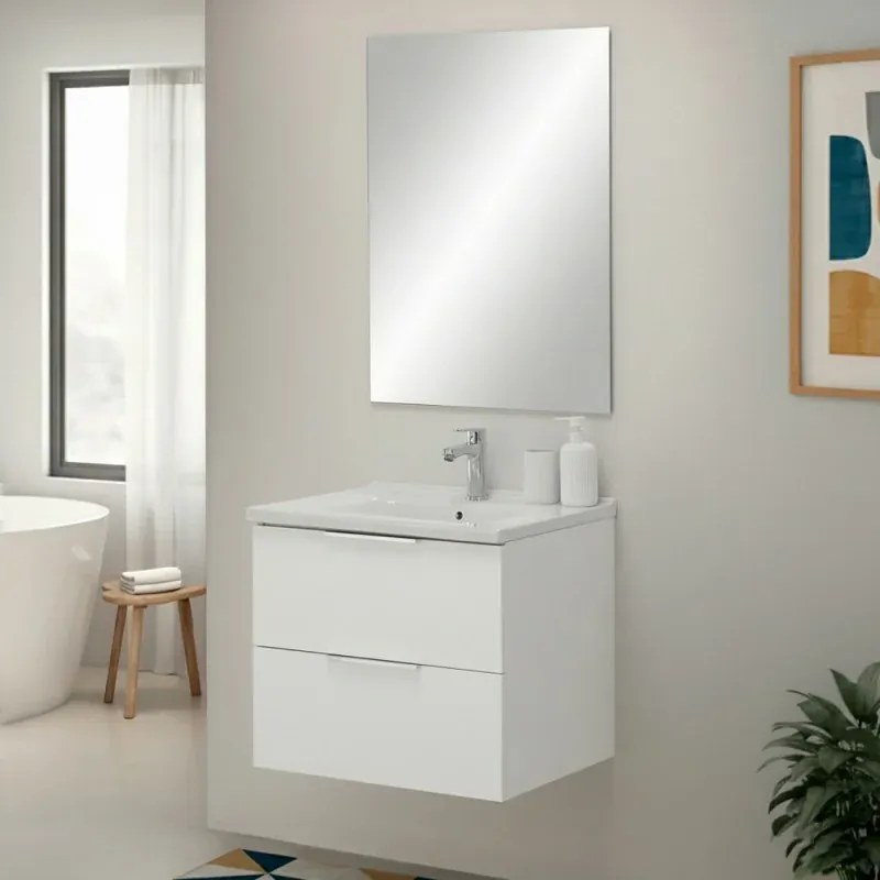 Mobile bagno sospeso 60cm bianco opaco con cassetti lavabo e specchio Elva