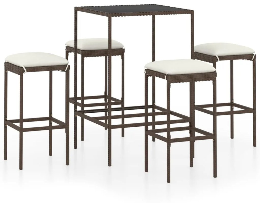 Set da bar da giardino 5 pz con cuscini in polyrattan marrone