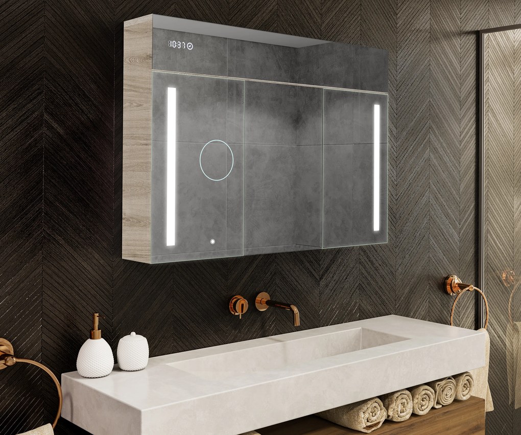 Mobile illuminato con specchio LED, modello Emily L02 - 100 x 72 cm, mobile da bagno dal design moderno con configurazione dell’interruttore dell’illuminazione, nel colore Rovere Oslo