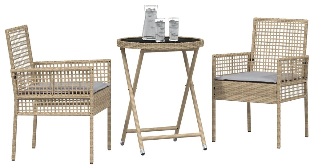 Set bistro da giardino a 3 pezzi con cuscini beige in polyrattan