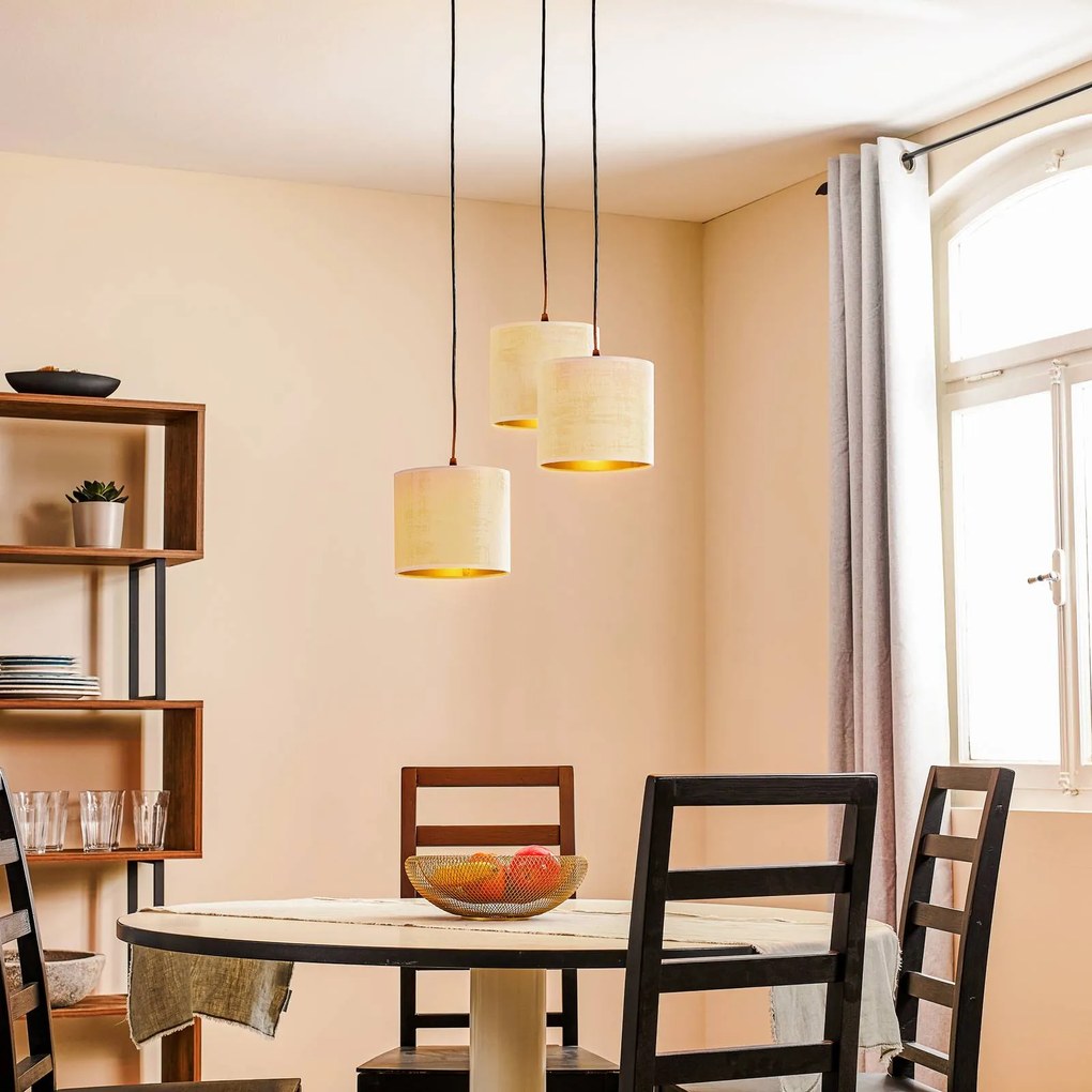 EMIBIG LIGHTING Lampada a sospensione Jari paralume in tessuto a 3 luci rotonda bianco-oro